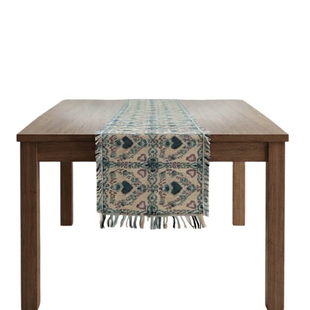 Tapestry Table Runner Woven Fringe Floral Hearts Cottagecore Damask 90s Vintage